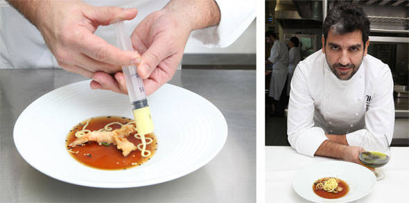 Soba de aceite de oliva in situ sobre dashi caliente